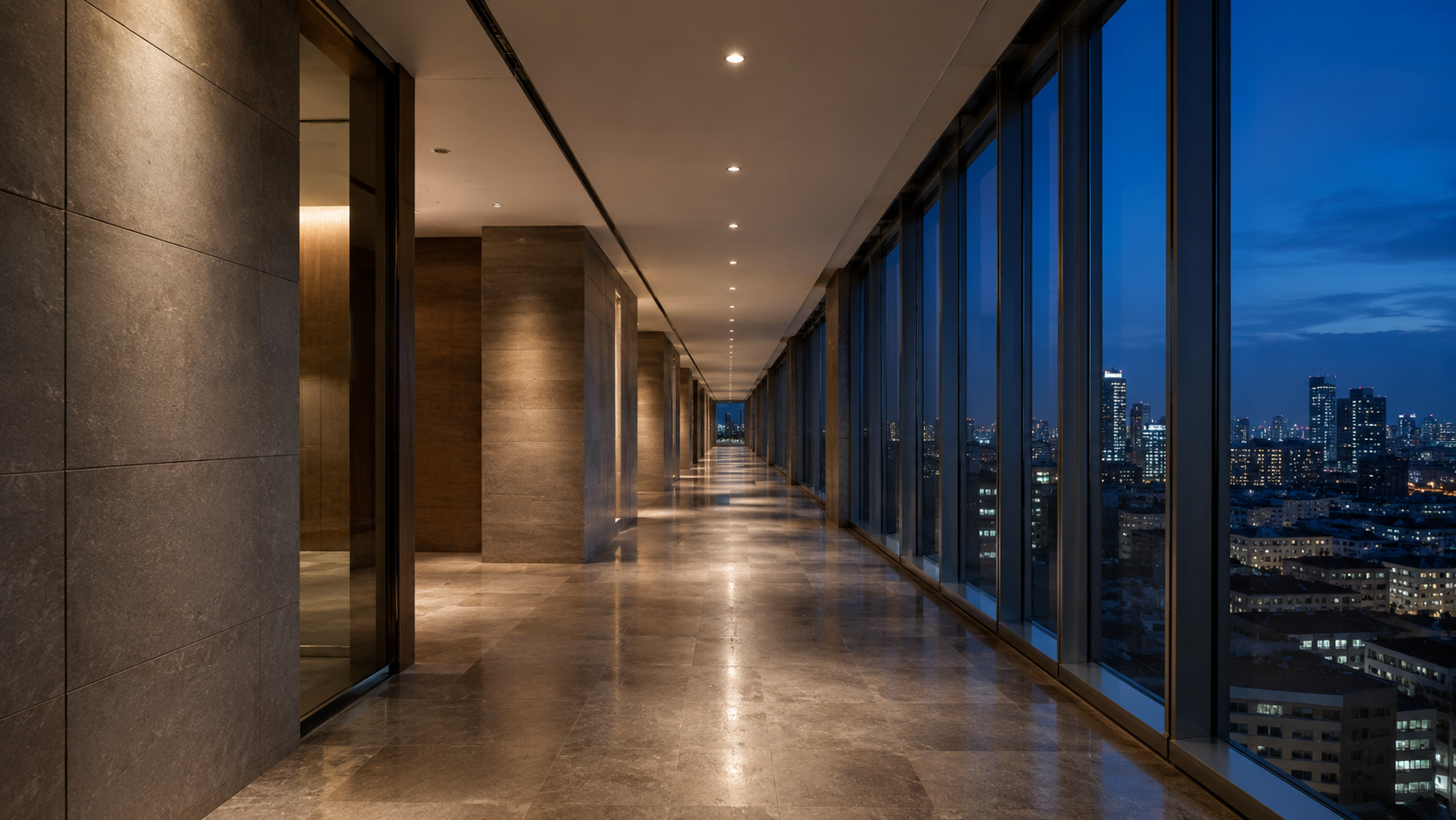 Modern commercial corridor at night