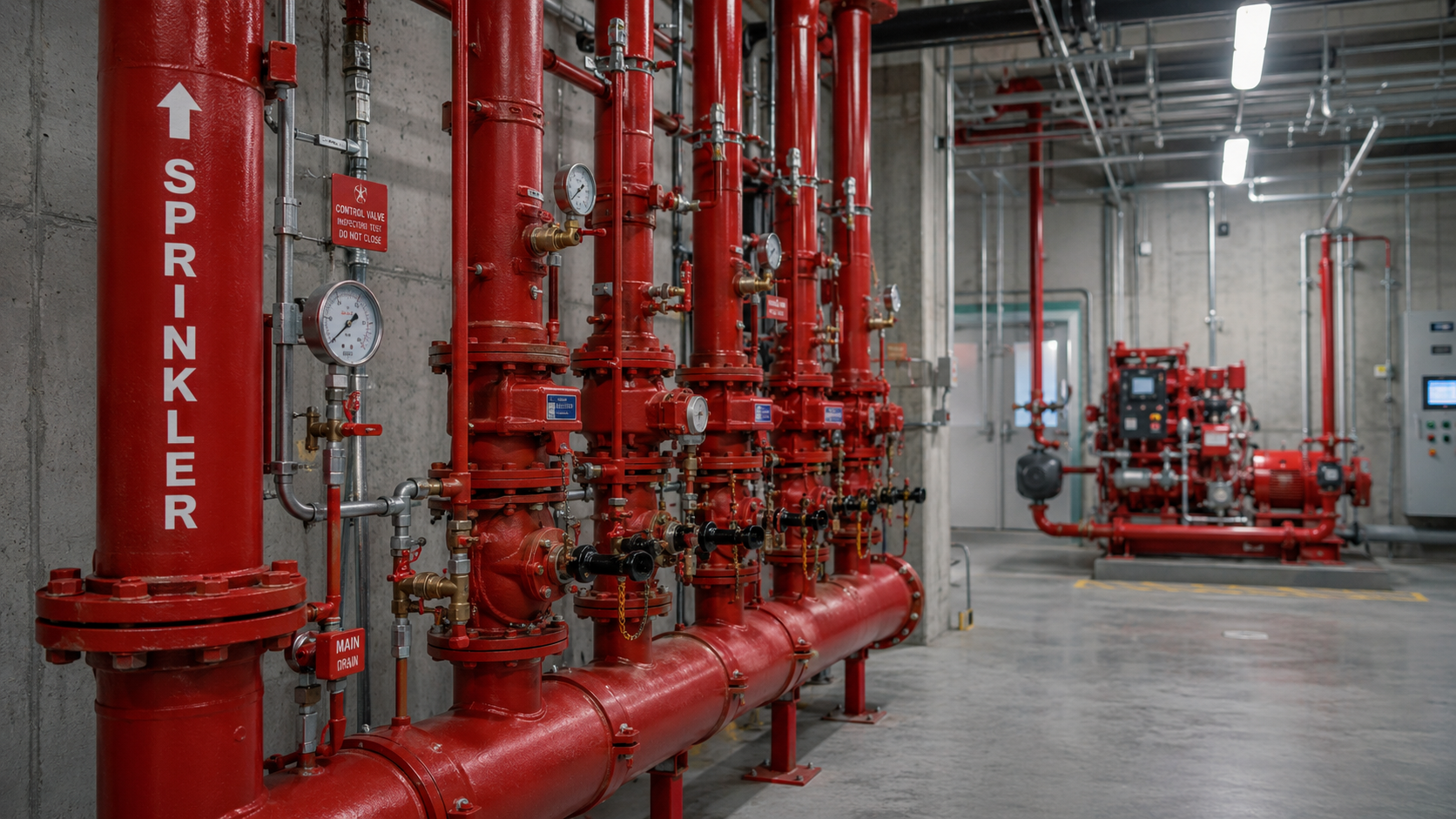 Commercial sprinkler manifold with valves and pressure gauges in mechanical room