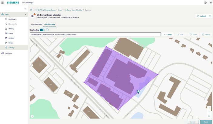 Siemens Building X portfolio map showing geofenced Cerberus PRO sites